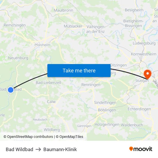Bad Wildbad to Baumann-Klinik map