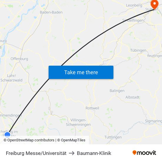 Freiburg Messe/Universität to Baumann-Klinik map
