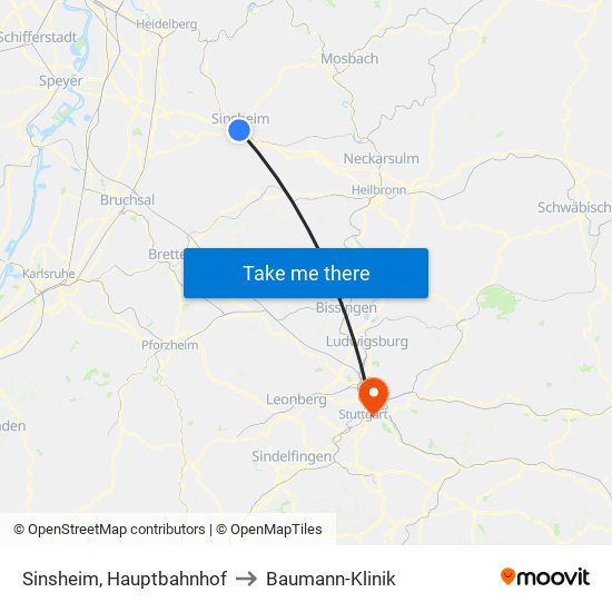 Sinsheim, Hauptbahnhof to Baumann-Klinik map