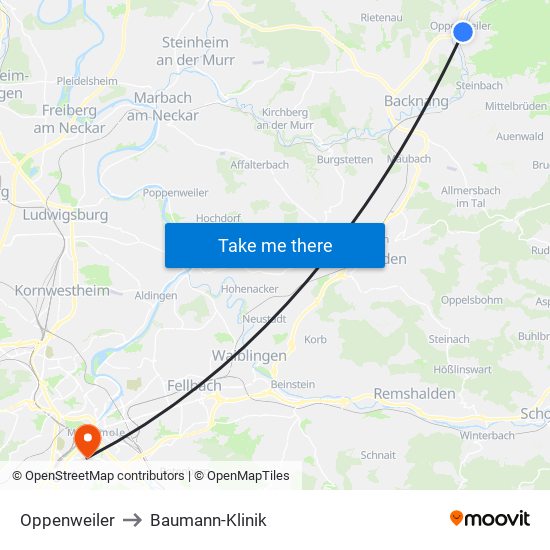 Oppenweiler to Baumann-Klinik map