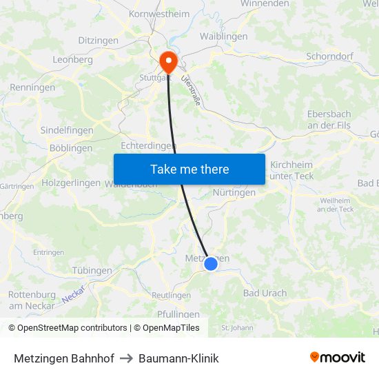 Metzingen Bahnhof to Baumann-Klinik map