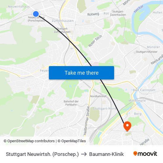 Stuttgart Neuwirtsh. (Porschep.) to Baumann-Klinik map