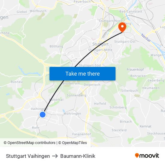 Stuttgart Vaihingen to Baumann-Klinik map