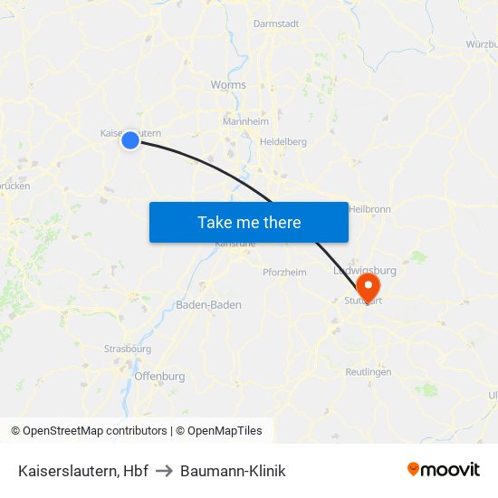 Kaiserslautern, Hbf to Baumann-Klinik map