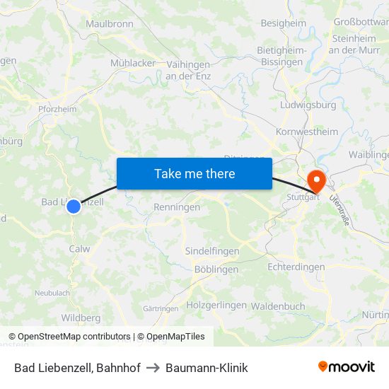 Bad Liebenzell, Bahnhof to Baumann-Klinik map