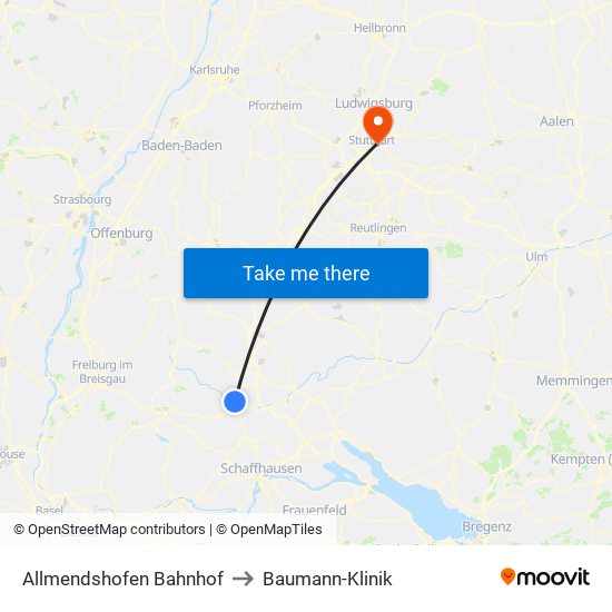 Allmendshofen Bahnhof to Baumann-Klinik map