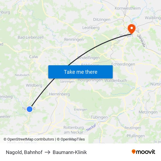 Nagold, Bahnhof to Baumann-Klinik map