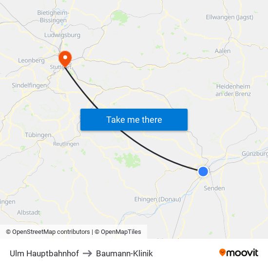 Ulm Hauptbahnhof to Baumann-Klinik map