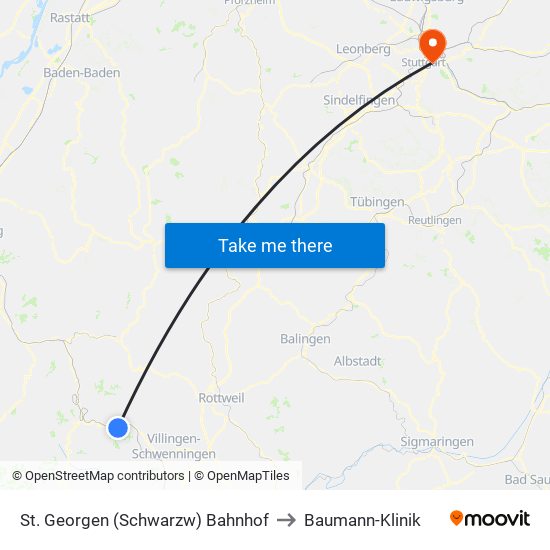 St. Georgen (Schwarzw) Bahnhof to Baumann-Klinik map