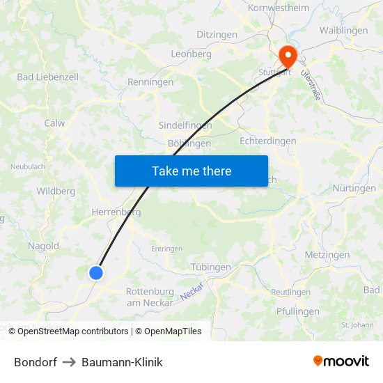 Bondorf to Baumann-Klinik map