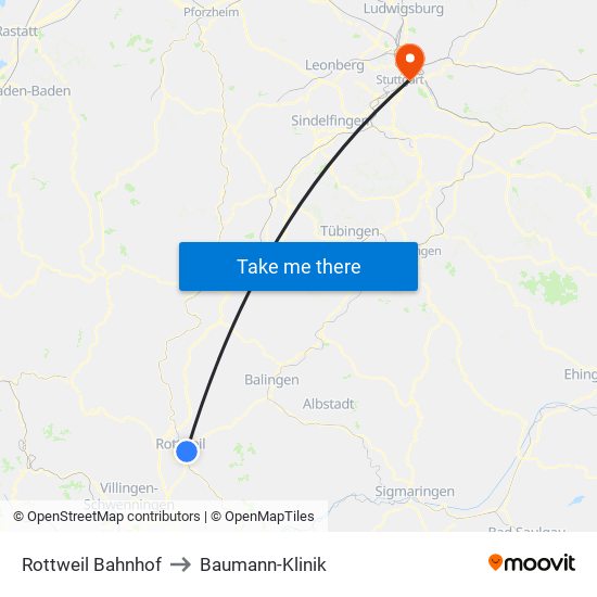 Rottweil Bahnhof to Baumann-Klinik map