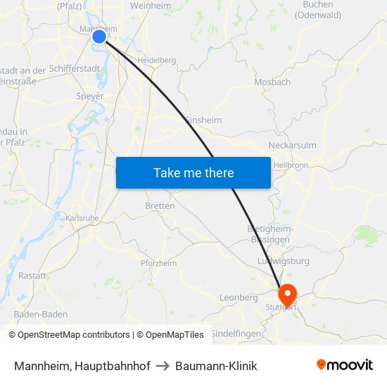 Mannheim, Hauptbahnhof to Baumann-Klinik map