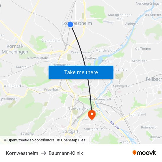 Kornwestheim to Baumann-Klinik map