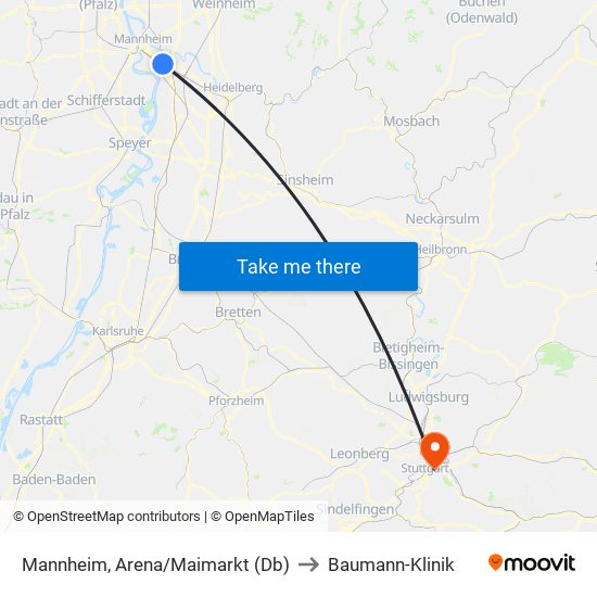 Mannheim, Arena/Maimarkt (Db) to Baumann-Klinik map