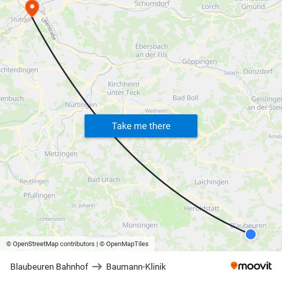 Blaubeuren Bahnhof to Baumann-Klinik map