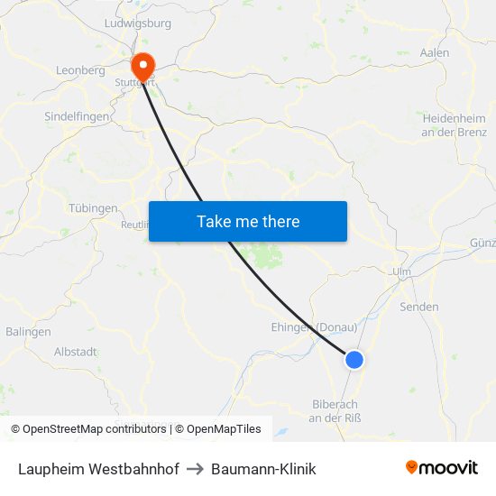 Laupheim Westbahnhof to Baumann-Klinik map