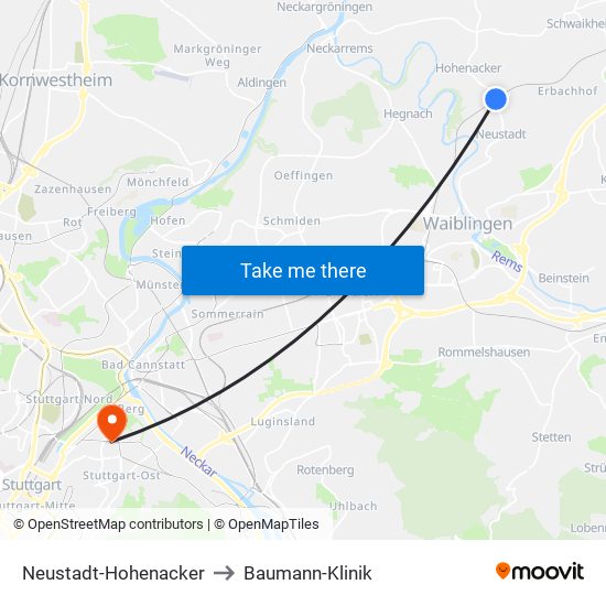 Neustadt-Hohenacker to Baumann-Klinik map