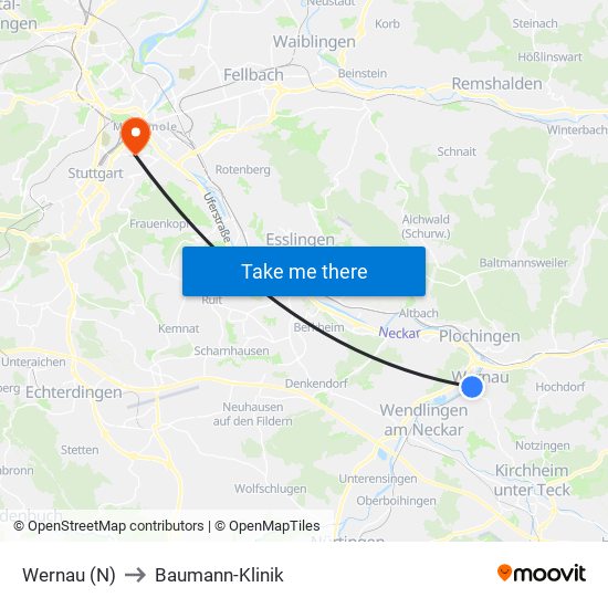 Wernau (N) to Baumann-Klinik map