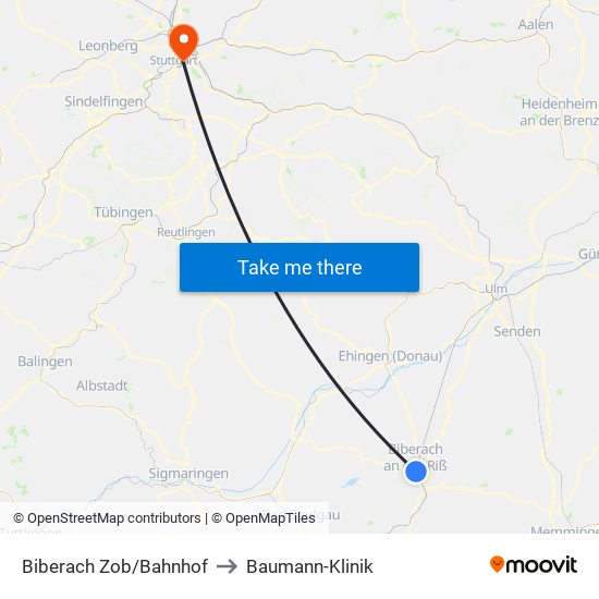 Biberach Zob/Bahnhof to Baumann-Klinik map