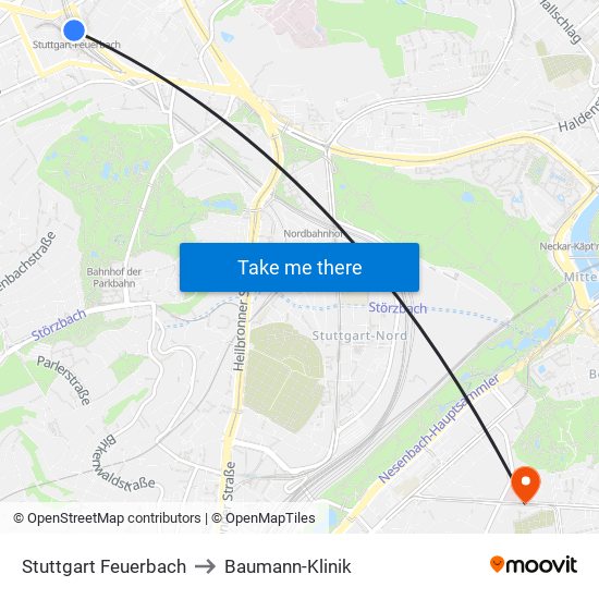 Stuttgart Feuerbach to Baumann-Klinik map