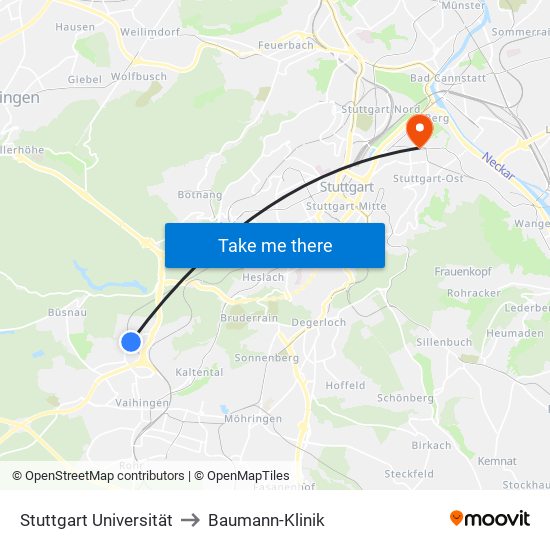 Stuttgart Universität to Baumann-Klinik map