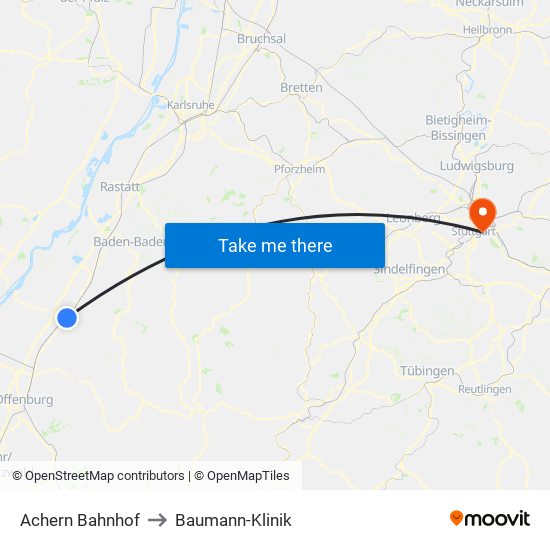 Achern Bahnhof to Baumann-Klinik map