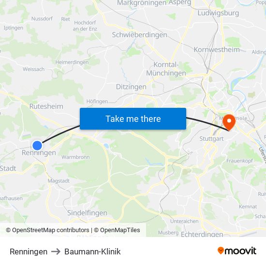 Renningen to Baumann-Klinik map