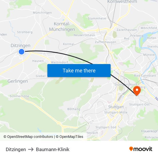 Ditzingen to Baumann-Klinik map