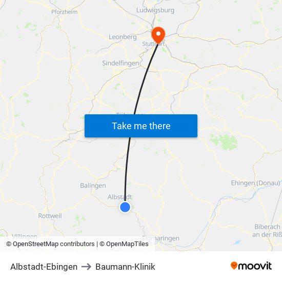 Albstadt-Ebingen to Baumann-Klinik map