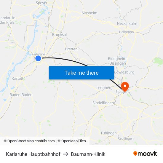 Karlsruhe Hauptbahnhof to Baumann-Klinik map