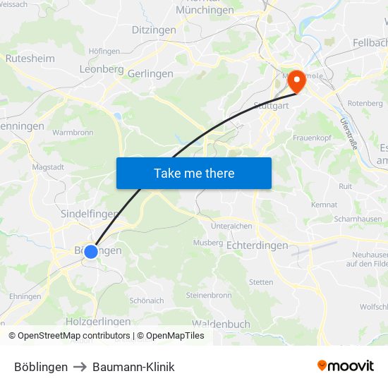 Böblingen to Baumann-Klinik map