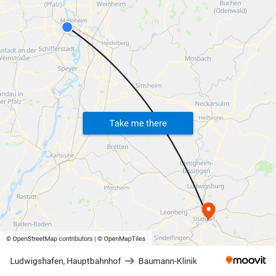 Ludwigshafen, Hauptbahnhof to Baumann-Klinik map