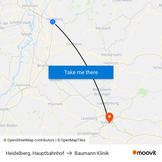 Heidelberg, Hauptbahnhof to Baumann-Klinik map