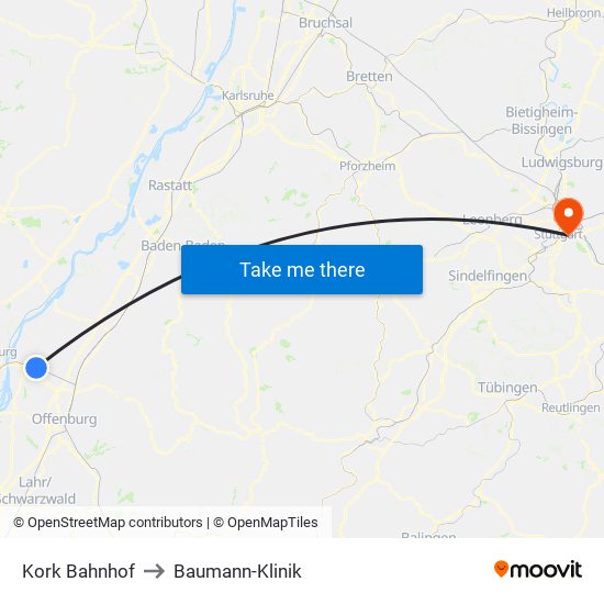 Kork Bahnhof to Baumann-Klinik map