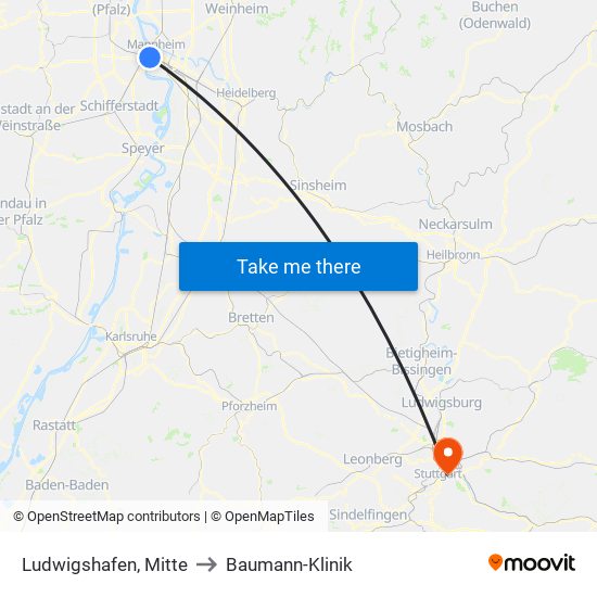 Ludwigshafen, Mitte to Baumann-Klinik map