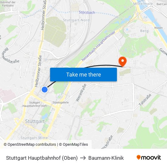 Stuttgart Hauptbahnhof (Oben) to Baumann-Klinik map