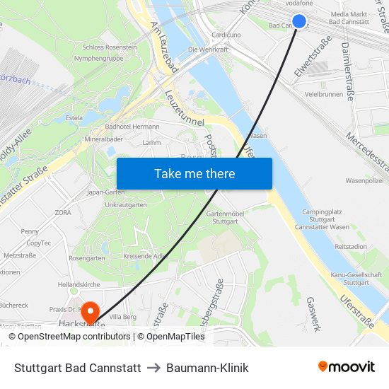 Stuttgart Bad Cannstatt to Baumann-Klinik map