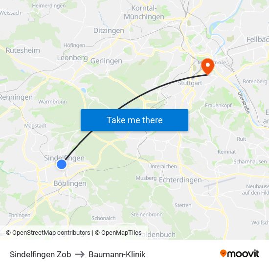 Sindelfingen Zob to Baumann-Klinik map