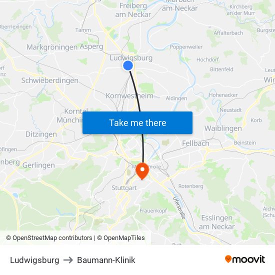 Ludwigsburg to Baumann-Klinik map