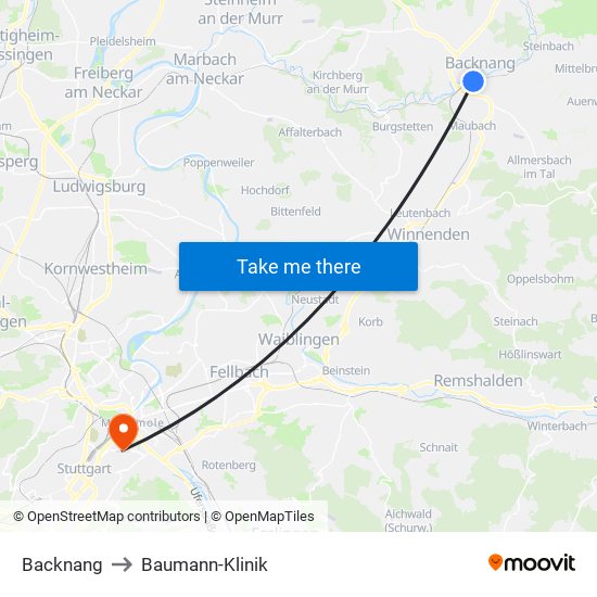 Backnang to Baumann-Klinik map