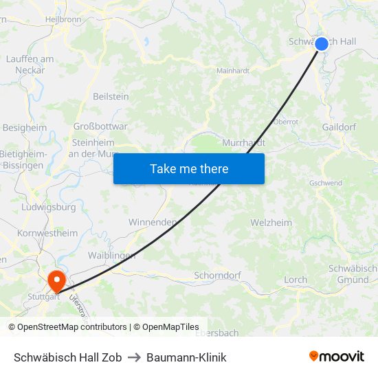 Schwäbisch Hall Zob to Baumann-Klinik map