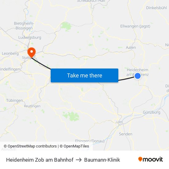 Heidenheim Zob am Bahnhof to Baumann-Klinik map
