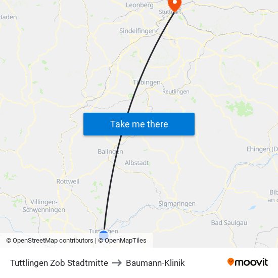 Tuttlingen Zob Stadtmitte to Baumann-Klinik map