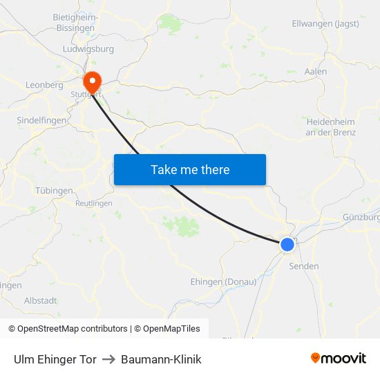 Ulm Ehinger Tor to Baumann-Klinik map