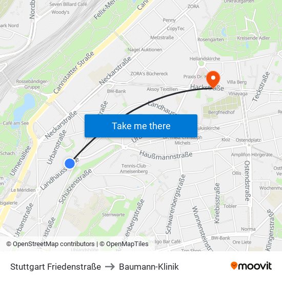 Stuttgart Friedenstraße to Baumann-Klinik map