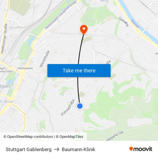 Stuttgart Gablenberg to Baumann-Klinik map