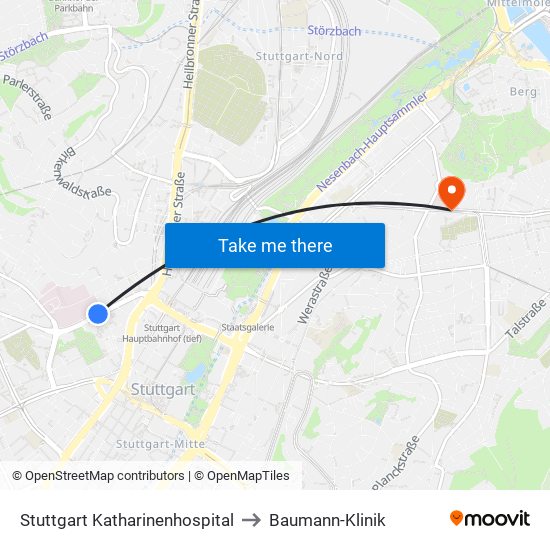 Stuttgart Katharinenhospital to Baumann-Klinik map