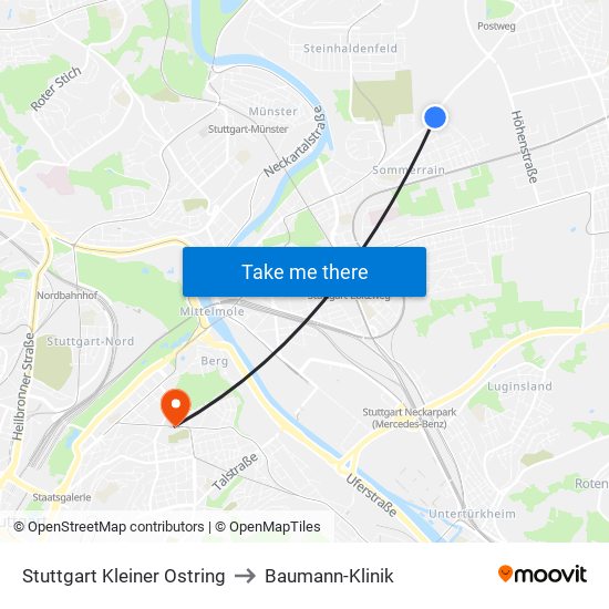 Stuttgart Kleiner Ostring to Baumann-Klinik map