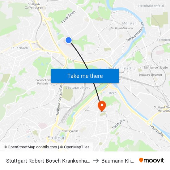 Stuttgart Robert-Bosch-Krankenhaus to Baumann-Klinik map