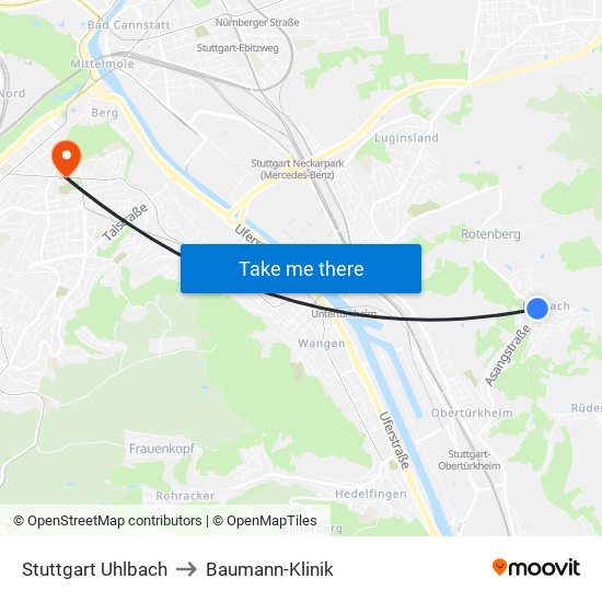 Stuttgart Uhlbach to Baumann-Klinik map